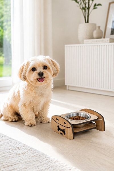 GOBYPET Ahşap Standlı Tekli Küçük-Orta Irk Köpek ve Kediler İçin Mama Veya Su Kabı