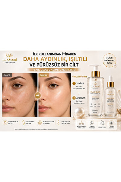 luxSEOUL Pearl Glow Leke Karşıtı Aydınlatıcı Cilt Bakım Seti – Yüz Temizleme Jeli + Cilt Serumu, Niacinamide, Alpha Arbutin, C Vitamini, AHA BHA, İnci Tozu