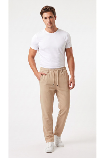 BADESSA Men's Beige Trousers Regular Fit Lycra Casual Jogger with Lace-Up Wai...