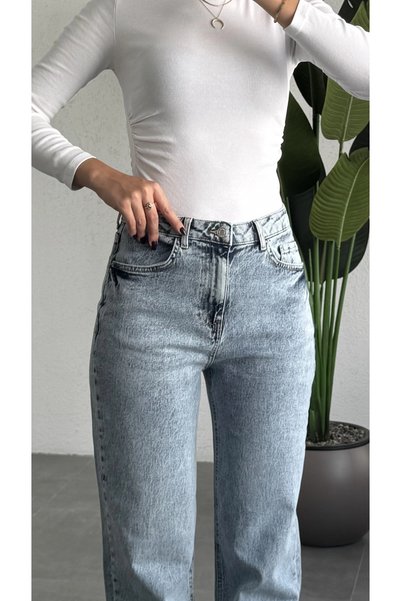 asfamoda Women's Light Blue High Waist Wide Leg Straight Cut Denim Trousers Loose Leg Jeans
