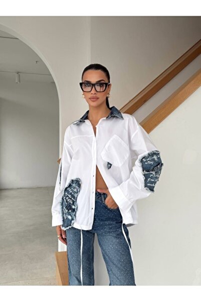 MARE BUTİK Denim Detailed Oversize White Shirt-S