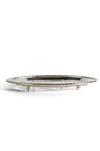 SOLETER Deluxe Oval Metal Candy Tray Silver 35.8x26.2x2.5cm – High-Quality Stainless Steel Serving Tray with Twisted Rope Edge, White Base & Leaf Cutout Pattern