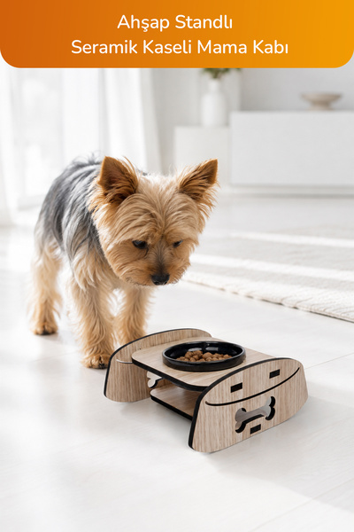 GOBYPET Ahşap Standlı Tekli Küçük-Orta Irk Köpek ve Kediler İçin Mama Veya Su Kabı