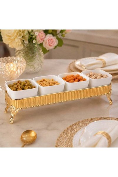 SOLETER Luxury Hospitality Set Gold - 4 White Ceramic Square Bowls with Gold ...