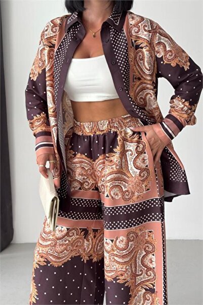 Neşeli Butik Women's Brown Patterned Shirt and Wide Leg Pants Double Design S...
