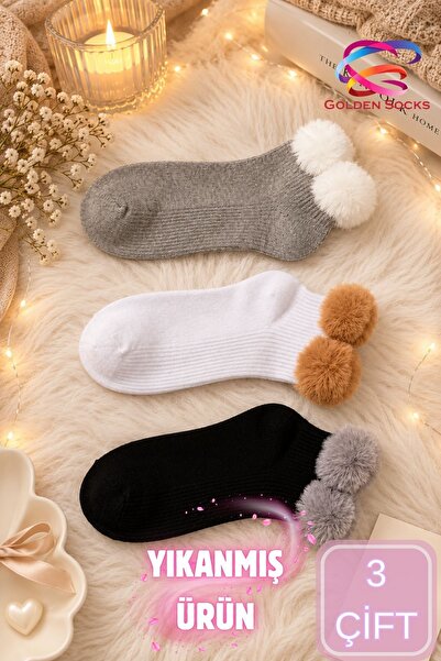 GOLDEN SOCKS Women's 3-Color Bowknot Plush Detailed Ankle Socks Cotton Set of...