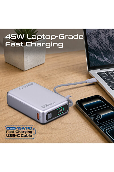 Promate بنك طاقة محمول بقوة 45 واط وسعة 20000 مللي أمبير في الساعة مع كابل USB-C مدمج، وشاشة عرض ذكية لحالة البطارية، وشحن ثلاثي للأجهزة، وشحن سريع للابتوب والتابلت والهواتف الذكية (فولتا-45)