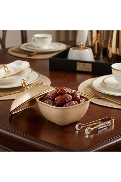 SOLETER Gold Metal Dates Bowl with Decorative Lid 10cm - Square Shape Serving...