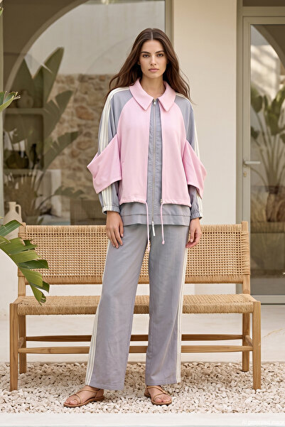 Lale Butik Tunic with Front Flap and Drawstring Detail Pants Set 22907 Gray