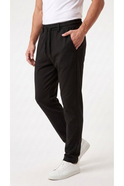 BADESSA Men's Black Trousers Regular Fit Lycra Casual Jogger with Lace-Up Waist and Elastic Belt Suitable for Daily Use
