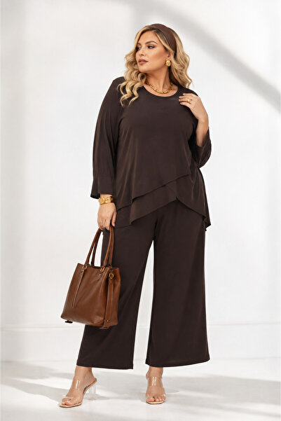 CNG Plus Size Layered Asymmetrical Blouse and Wide Leg Women's Bottom-Top Two...