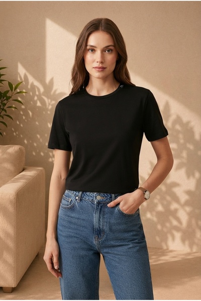 Siyah Kadın Bisiklet Yaka Basic T-Shirt Pamuklu Günlük Rahat Kesim