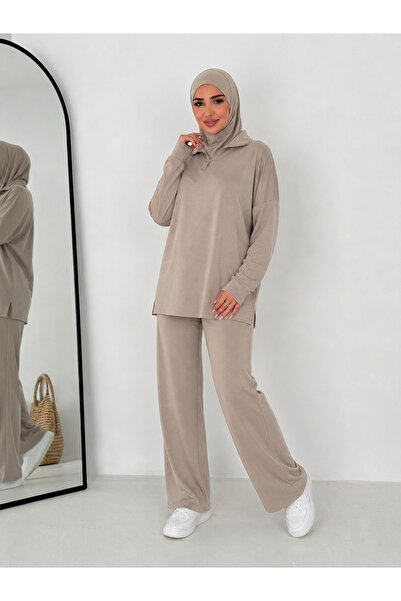 MAİMODA Women's Modest Collar Zip-Up Comfort Modal Two-Piece Set