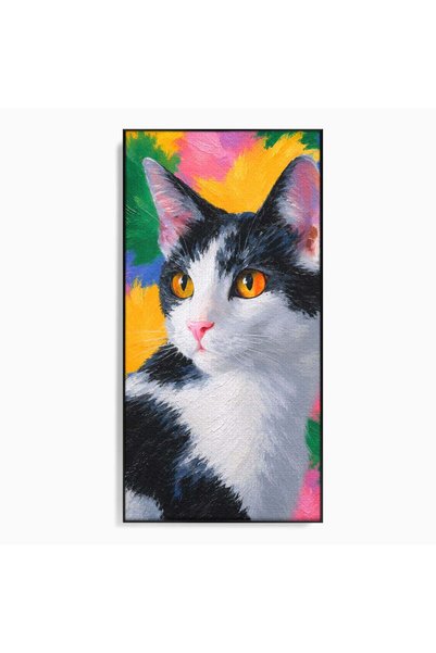 Luxcanva Tablou Canvas Pisica In Culori x100 cm cu Rama Negru Pisica Portret ...