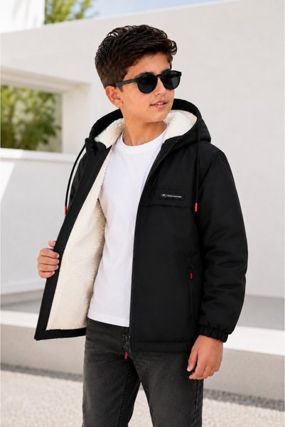BOYS MANS Boys' Jacket Children's Winter Coat Black Hooded Fur Lined Coat Warm Coat