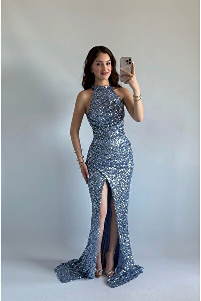 ayşenur Dinçer butik Donatella Yırtmaçlı Abiye İndigo