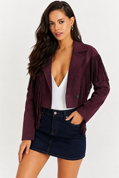 CARLA MARA Women's Burgundy Suede Tassel Jacket