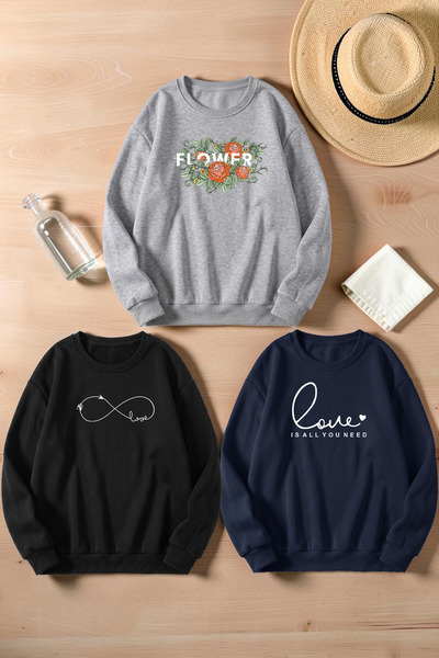 uyguntarz Unisex Mixed Printed Crew Neck Sweatshirt Set – Pack of 3