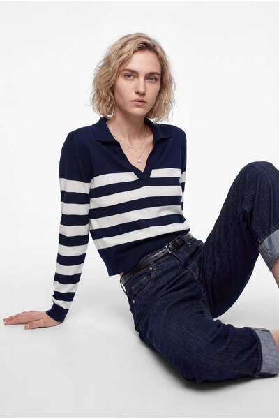 PAULMARK Women's Striped Polo Neck Sweater