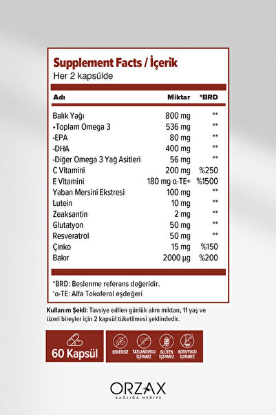 Ocean Vision — Omega 3 + EPA & DHA, Lutein, Zeaksantin, Resveratrol, Glutatyon, C Vitamini, Çinko 60 Kapsül