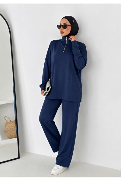 MAİMODA Women's Modest Collar Zip-Up Comfort Modal Two-Piece Set