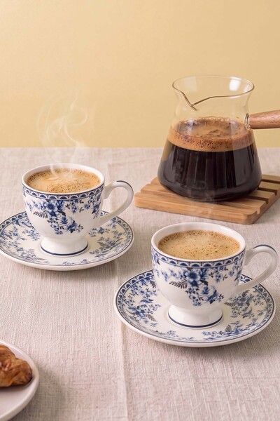 Rivaİstanbul Blue Floral 2-Person Porcelain Coffee Cup Set – 4 Pieces