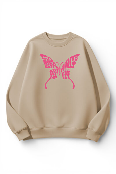 uyguntarz Unisex Soft Textured Butterfly Printed Design Oversize 3 Thread Cre...