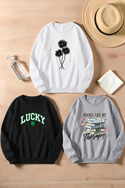 uyguntarz Unisex Mixed Printed Crew Neck Sweatshirt Set – Pack of 3