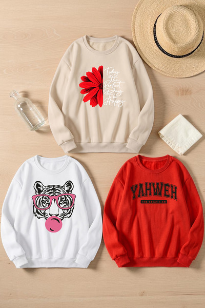 uyguntarz Unisex Mixed Printed Crew Neck Sweatshirt Set – Pack of 3