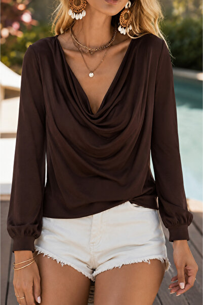 Modayakamoz Elegant Posture - Women's Degaje Collar Long Sleeve Sandy Blouse
