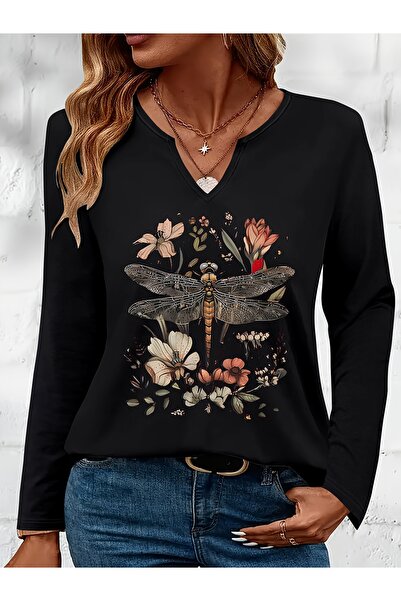 Deocept Dragonfly Printed Cotton Half V-Neck Long Sleeve Blouse T-Shirt