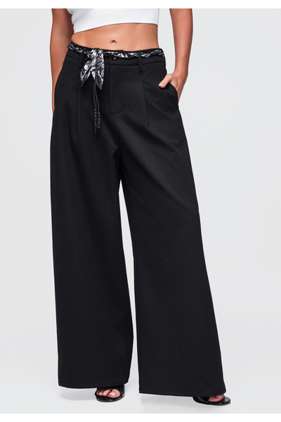 OMBRE Damenhose, Lang Geschnitten mit Weiten Geraden Beinen OW-PA-E0020 Schwarz