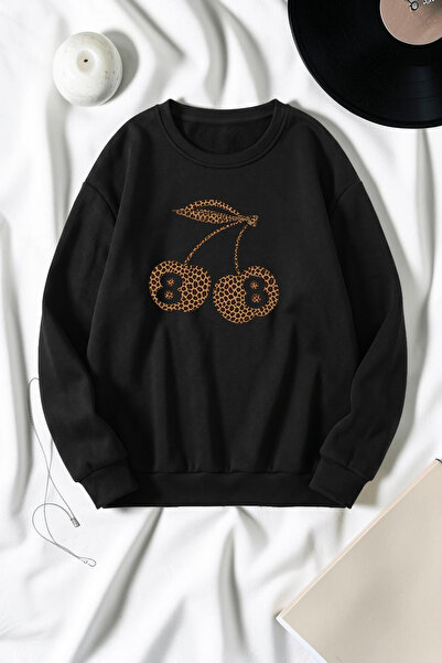 uyguntarz Unisex Leopard Patterned Cherry Printed Crew Neck Sweatshirt