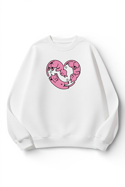 uyguntarz Unisex Soft Textured Cat Heart Printed Design Oversize 3 Thread Cre...