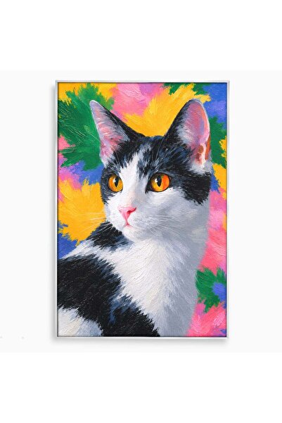 Luxcanva Tablou Canvas Pisica In Culori 40x60 cm cu Rama Argintiu Pisica Port...