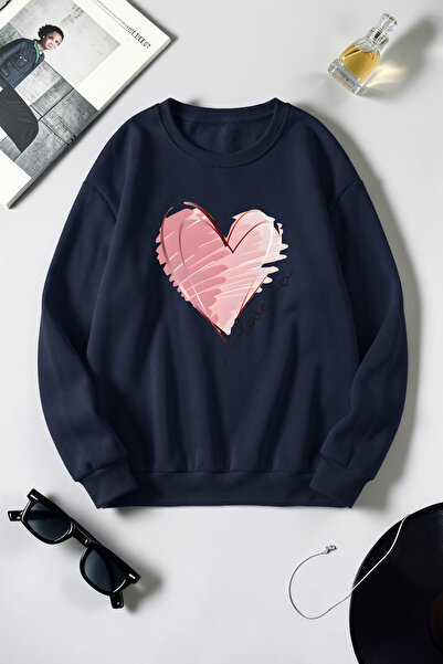 uyguntarz Unisex Heart Printed Crew Neck Sweatshirt