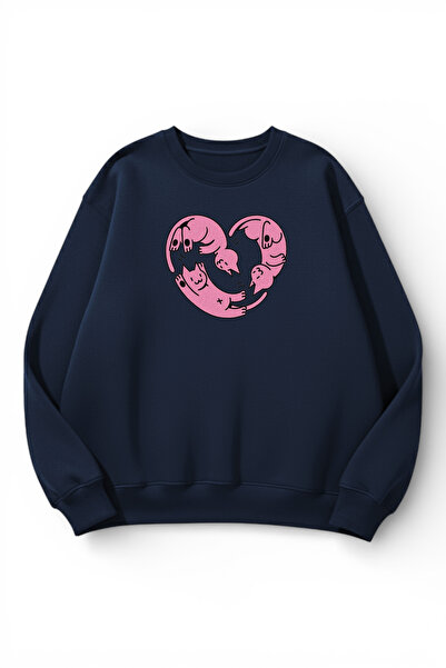 uyguntarz Unisex Soft Textured Cat Heart Printed Design Oversize 3 Thread Cre...