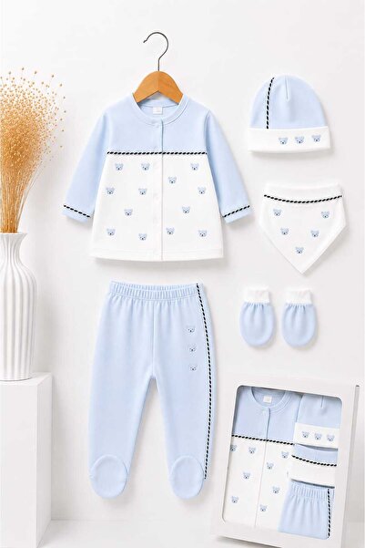 LİLİYUM Baby Boy 5-Piece Hospital Discharge Set 100% Cotton Newborn Baby Clot...