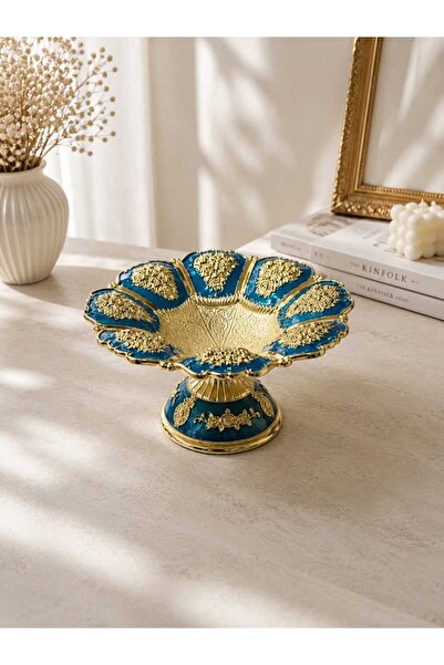 RAHSAN COLLECTİON Gold Mavi Motifli Ayaklı Dekoratif Sunum Tabağı