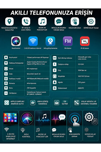 vr pro CarPlay Android Auto Araç Multimedya-Kamer Ekranı Kablosuz Taşınabilir HD Dokunmatik