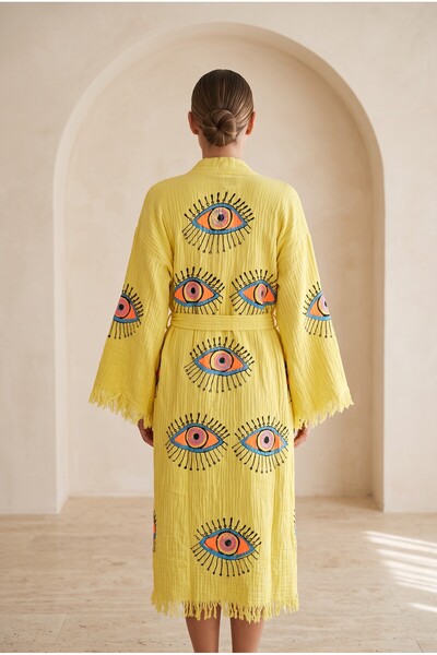 Bohoyasam Women's Muslin Long Kaftan with Evil Eye Motif Bohemian Kimono