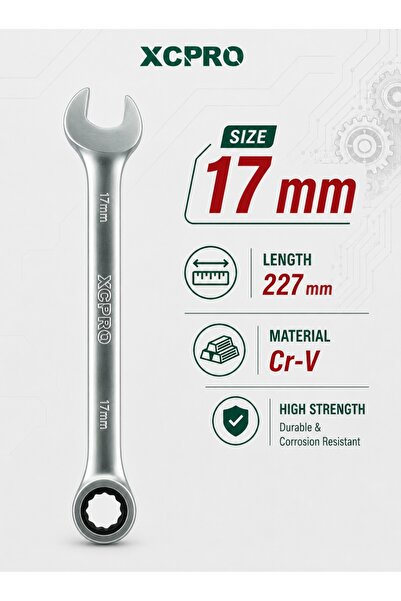 XCPRO مفتاح راتشيت، مفتاح ربط راتشيت، مفتاح CRV - مقاس 17 مم، طول 227 مم، مطل...