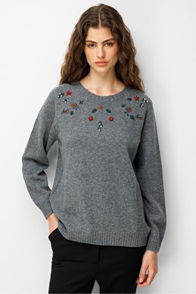 Desen Triko Women's Crew Neck Side Ribbed Knit Wool Sweater Smoked