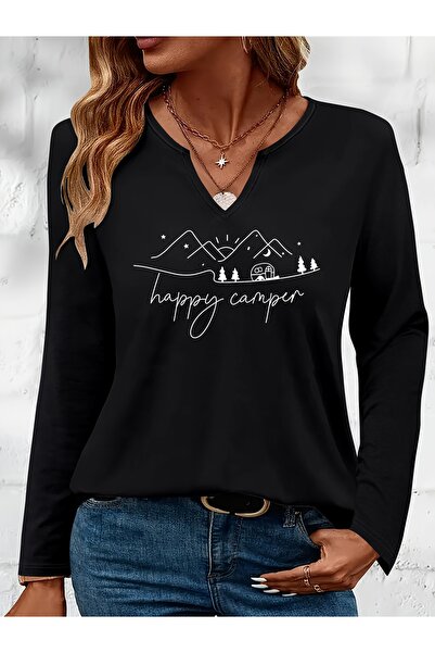 Deocept Mix Printed Cotton Half V-Neck Long Sleeve Blouse T-Shirt