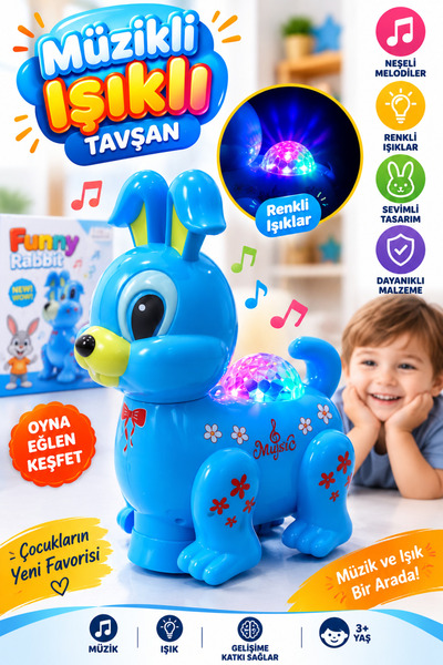 PONİKİDO Pilli Müzikli Işıklı Hareketli Tavşan Oyuncak Rabbit 3+ Yaş