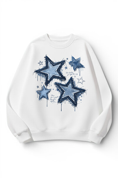 uyguntarz Unisex Soft Textured Denim Stars Printed Design Oversize 3 Thread C...