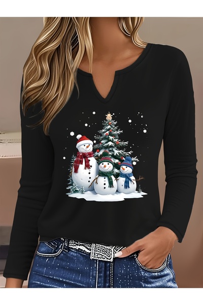 Deocept New Year Printed Cotton Half V-Neck Long Sleeve Blouse T-Shirt