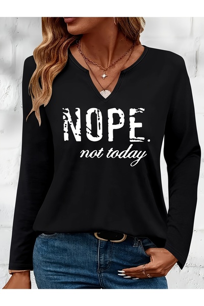Deocept Nope Printed Cotton Half V-Neck Long Sleeve Blouse T-Shirt