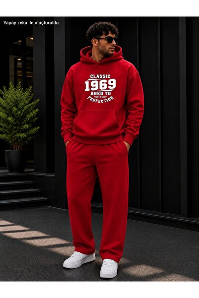 caddekombin Men's Classic 1969 Aged to Perfection Printed Tracksuit Set / Hoo...