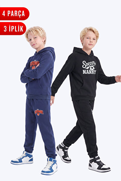 FYK KİDS 3 Thread Printed Winter Kangaroo Pocket Hooded Boys' 2-Piece Tracksu...